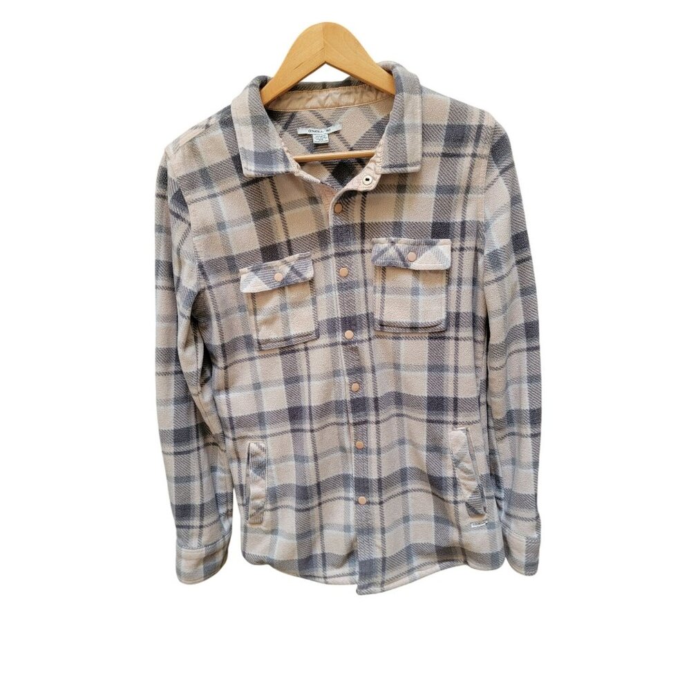 ONeill Womens Plaid Snap-Up Fleece Jacket M Beige & Gray